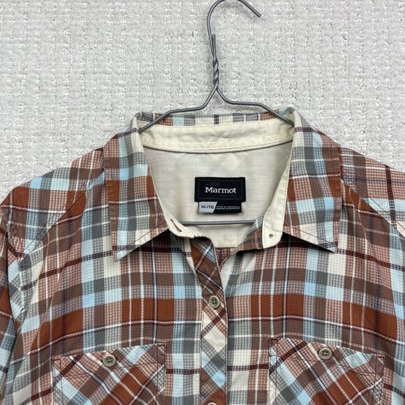 Marmot Womens XL Rust Orange Plaid Button Up Shirt Long Sleeve Fitted Outdoors - Picture 4 of 11
